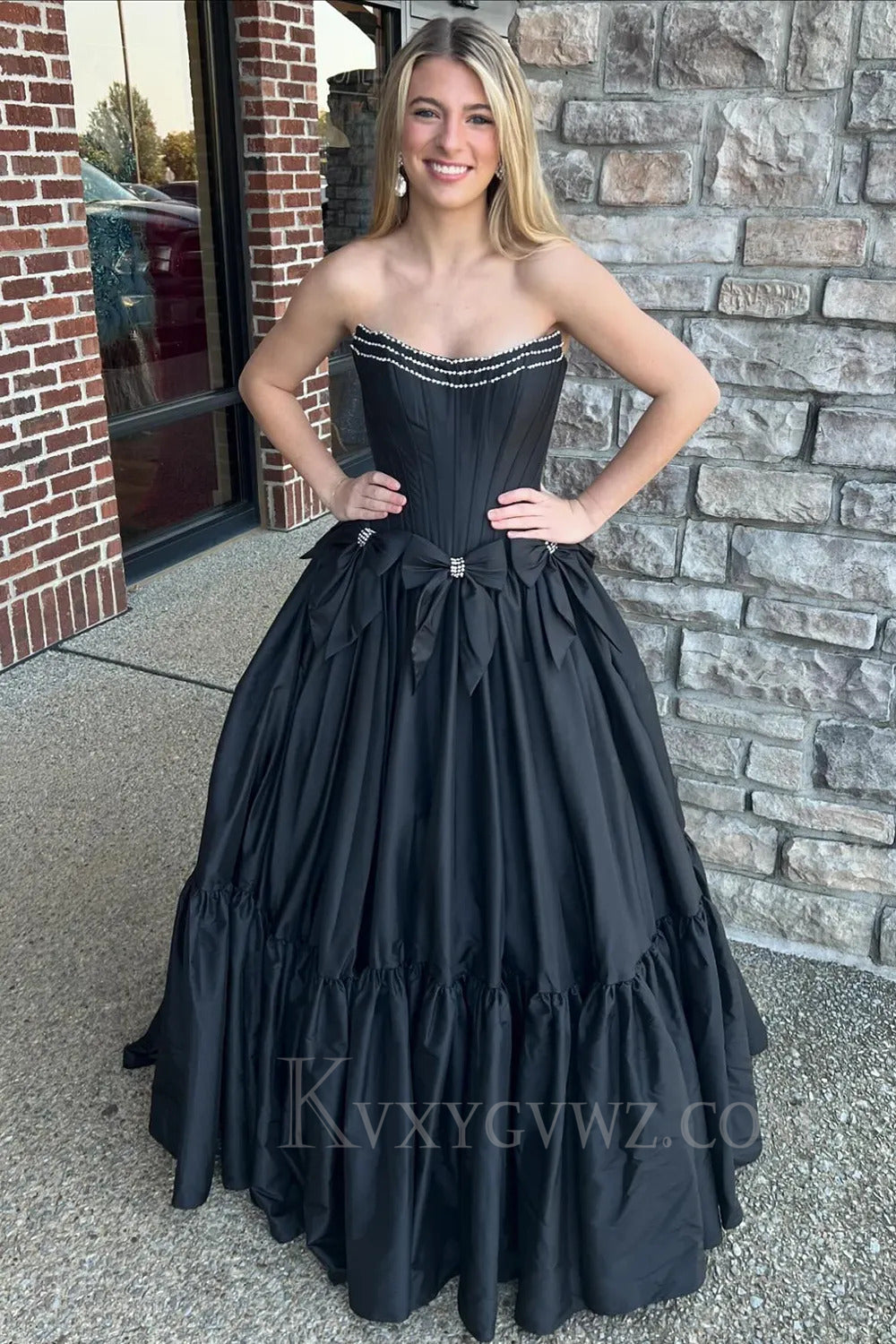 Sparkly A Line Pink Strapless Corset Long Pleated Prom Dress with Bow LF264