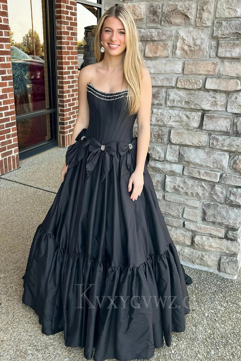 Sparkly A Line Pink Strapless Corset Long Pleated Prom Dress with Bow LF264