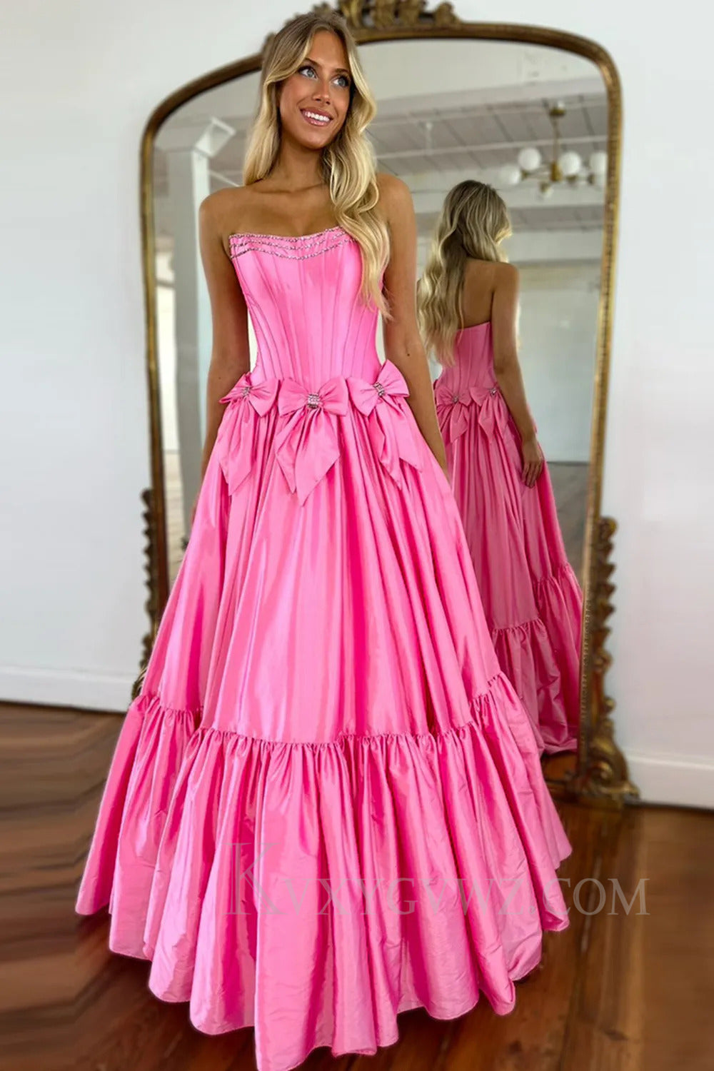Sparkly A Line Pink Strapless Corset Long Pleated Prom Dress with Bow LF264