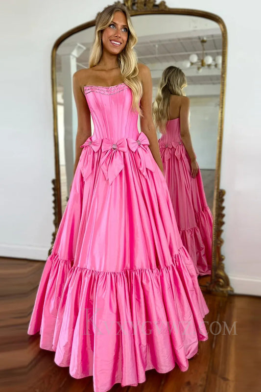 Sparkly A Line Pink Strapless Corset Long Pleated Prom Dress with Bow LF264