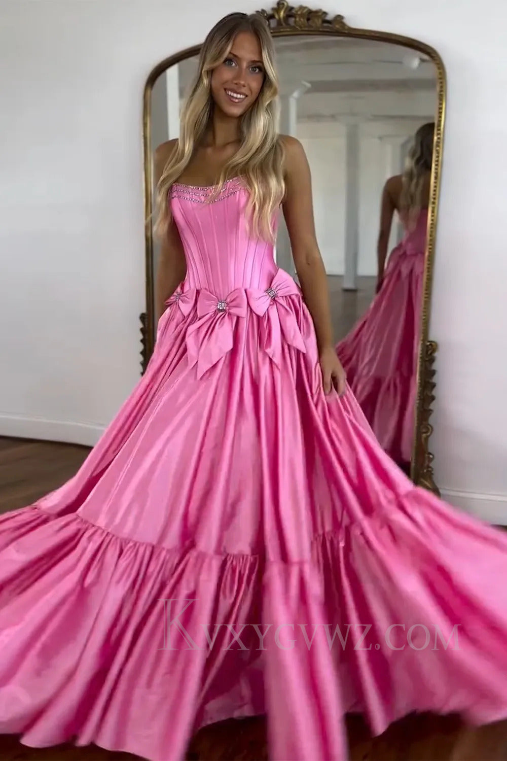 Sparkly A Line Pink Strapless Corset Long Pleated Prom Dress with Bow LF264