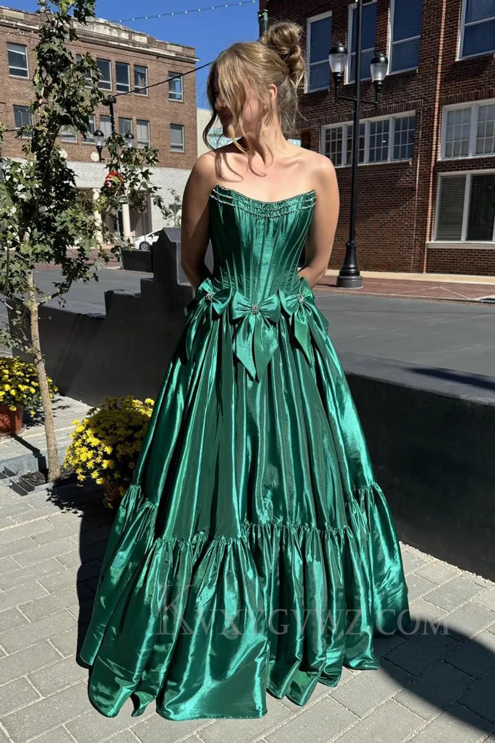 Sparkly A Line Pink Strapless Corset Long Pleated Prom Dress with Bow LF264