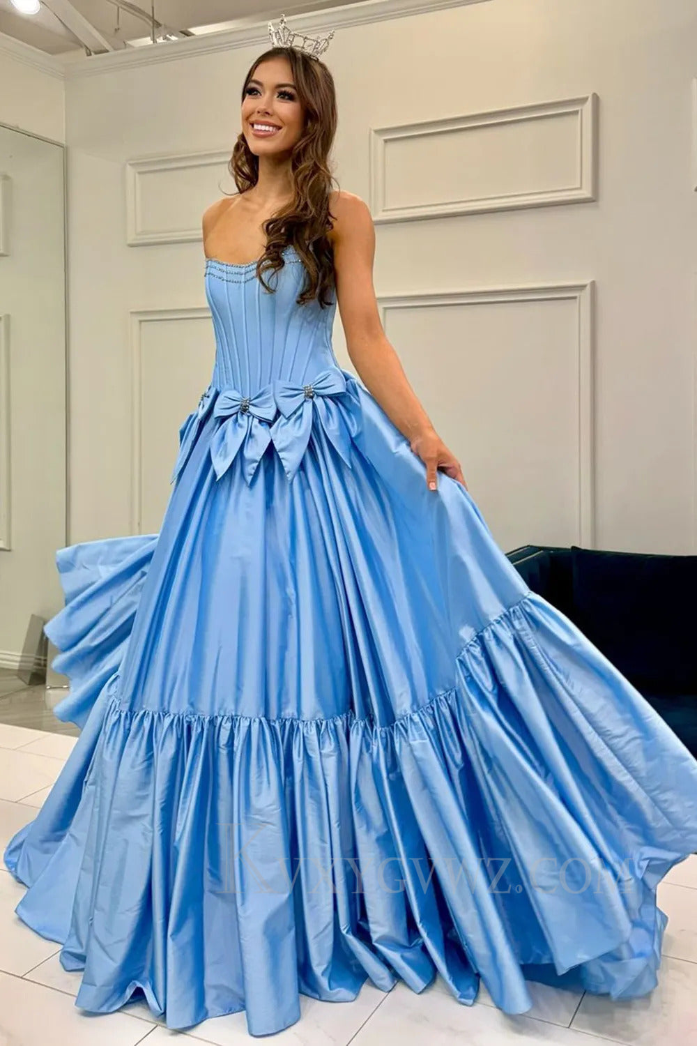 Sparkly A Line Pink Strapless Corset Long Pleated Prom Dress with Bow LF264
