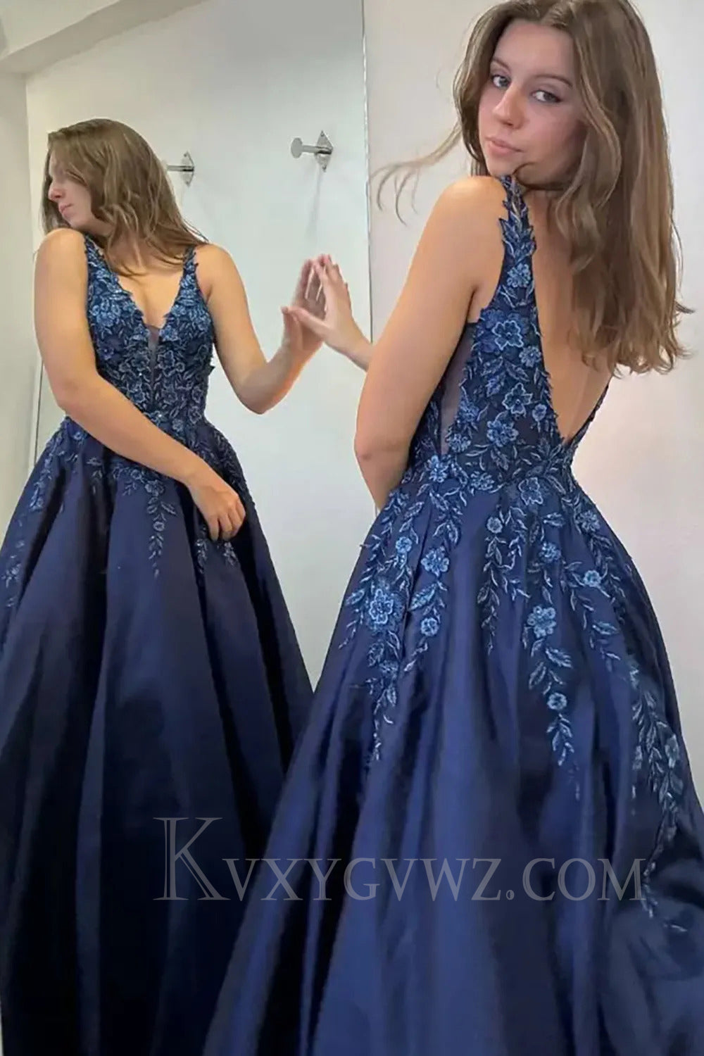 Navy Floral V-Neck Prom Dress with Lace LF265