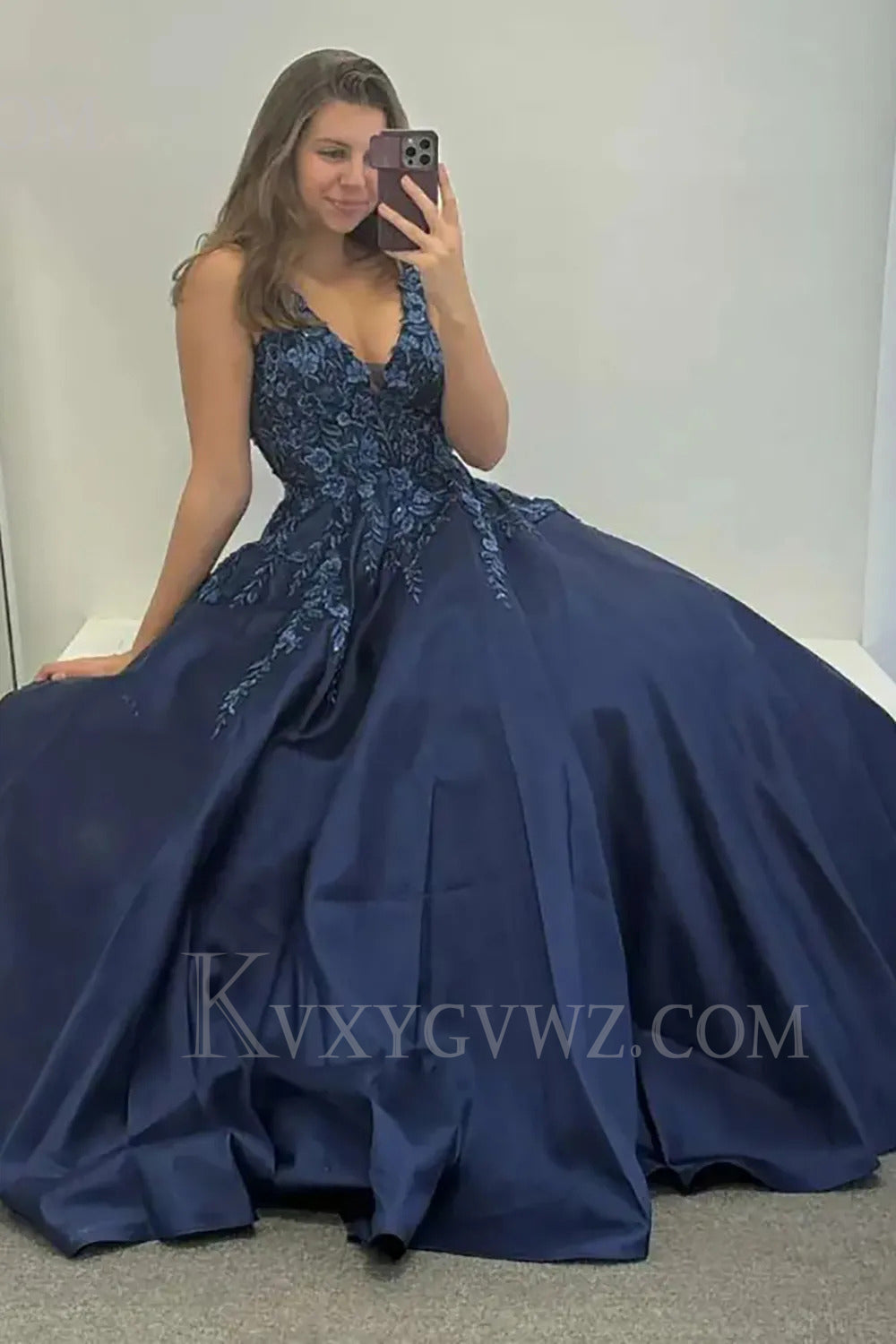 Navy Floral V-Neck Prom Dress with Lace LF265