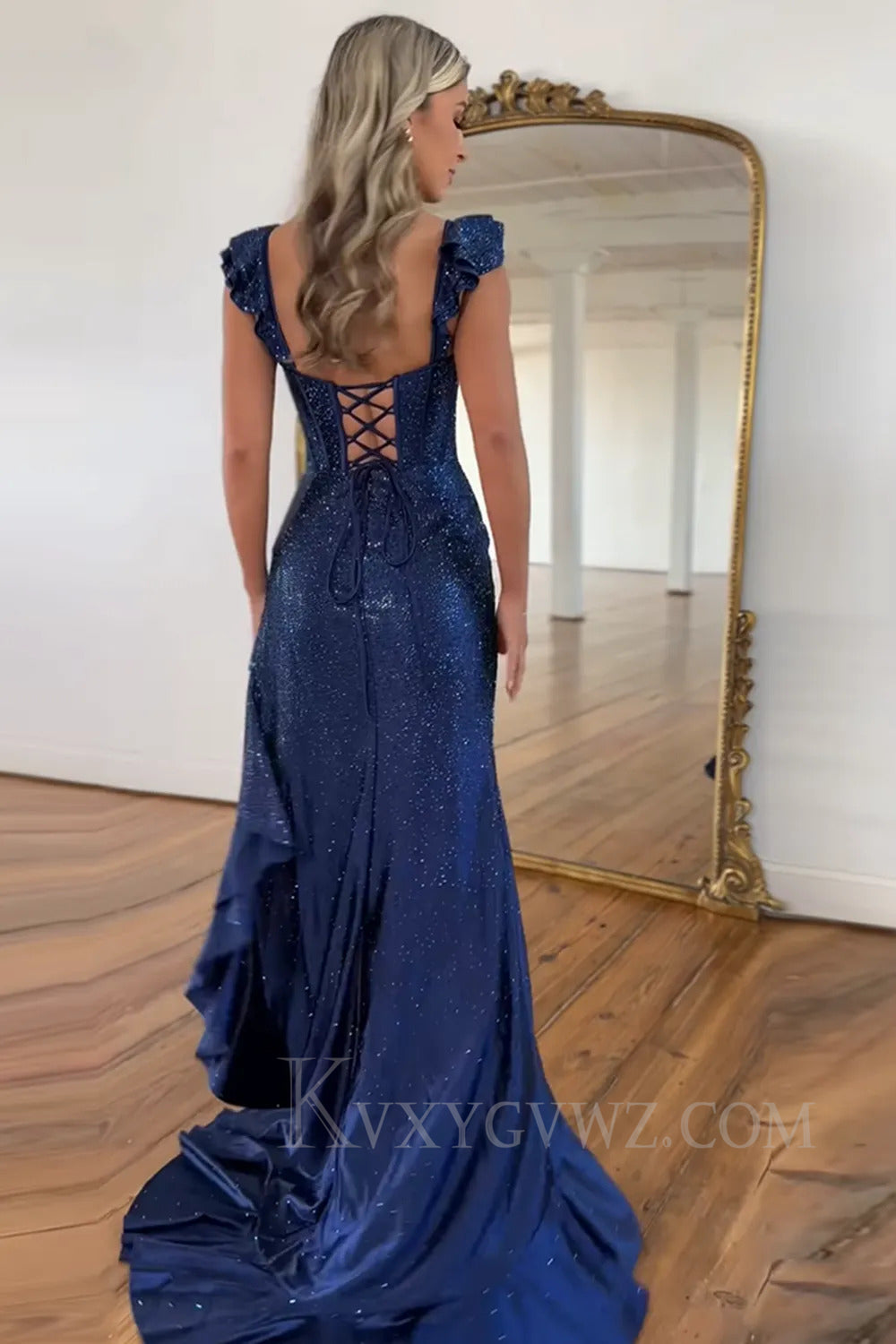 Sparkly Navy Mermaid Corset Asymmetrical Prom Dress with Ruffles LF266