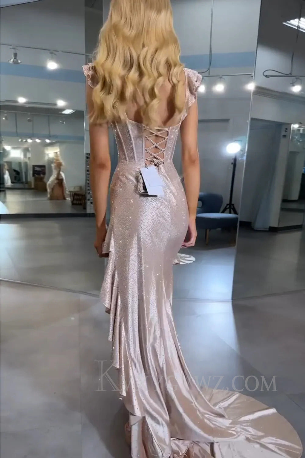 Sparkly Navy Mermaid Corset Asymmetrical Prom Dress with Ruffles LF266