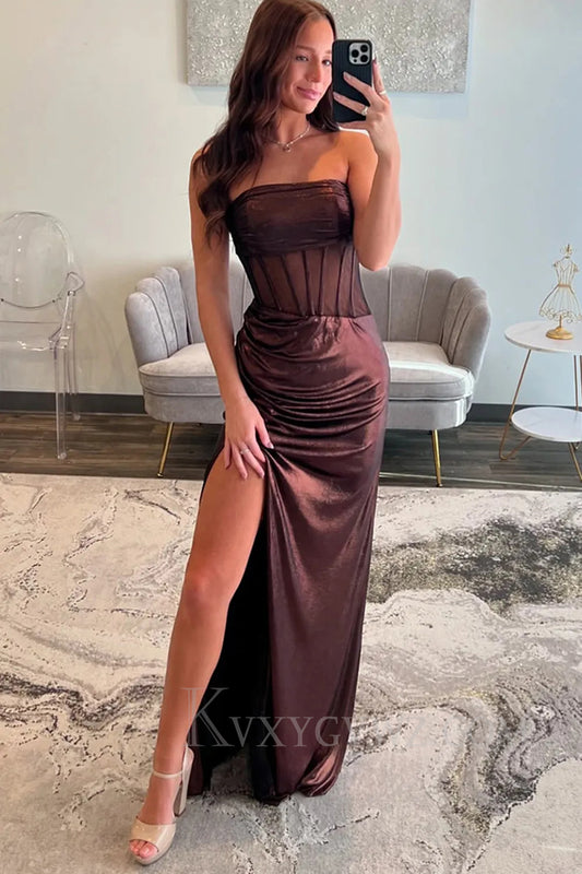 Brown Sheath Corset Sweetheart Prom Dress with Slit LF268