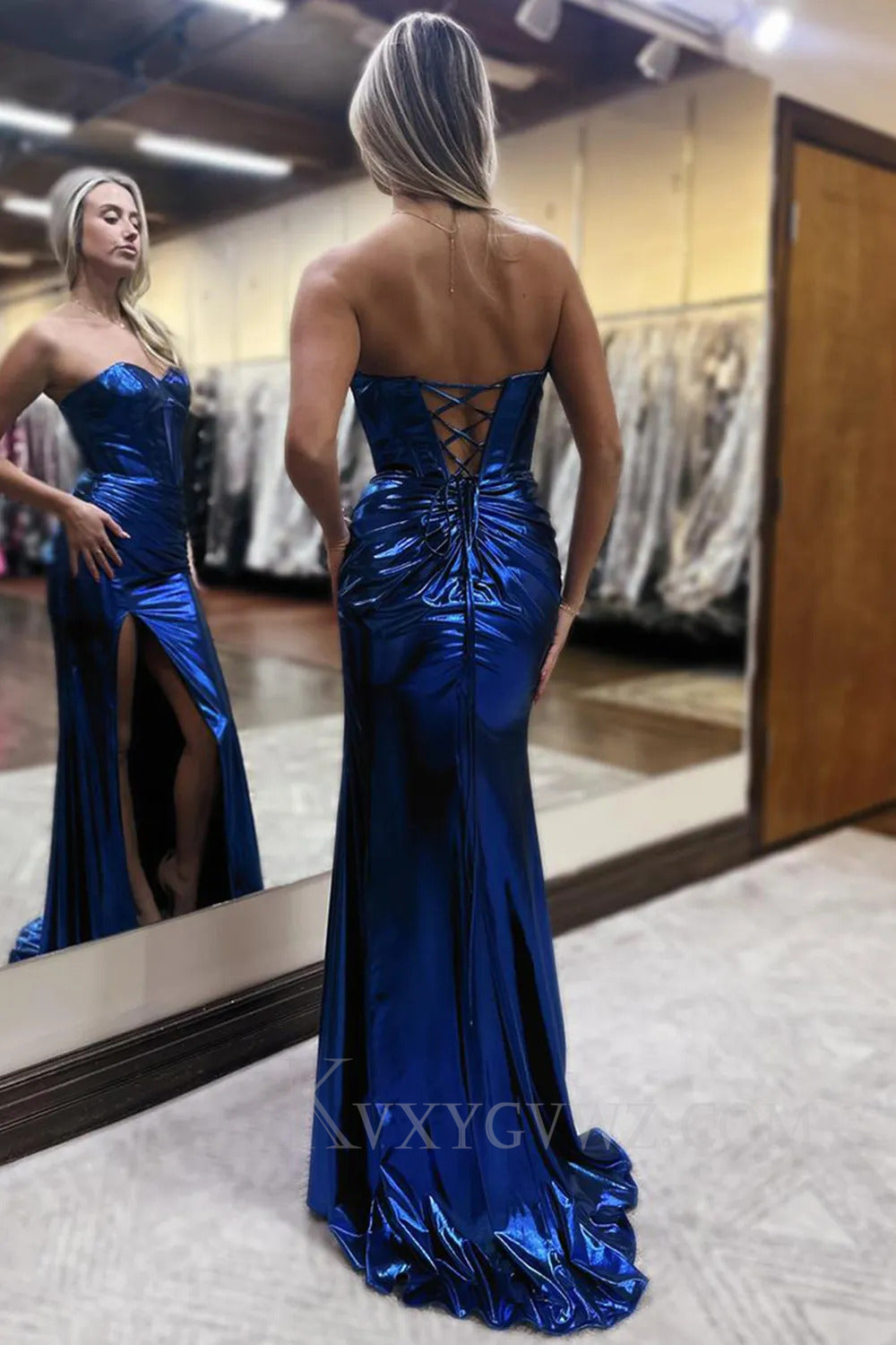Sparkly Dark Blue Metallic Sweetheart Mermaid Prom Dress with Slit LF269