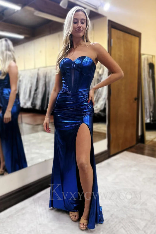 Sparkly Dark Blue Metallic Sweetheart Mermaid Prom Dress with Slit LF269
