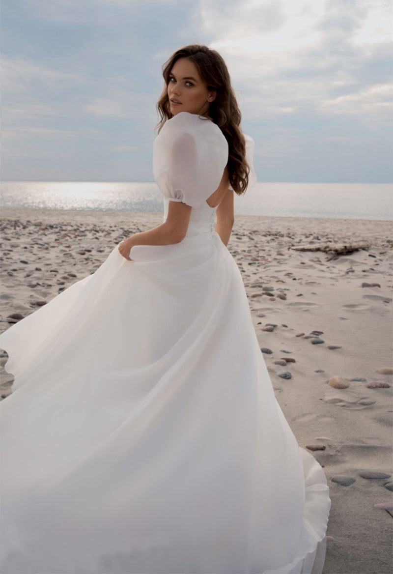 Glamorous A-Line Square Neck Puff Sleeves Wedding Dresses Gown with Train HS765