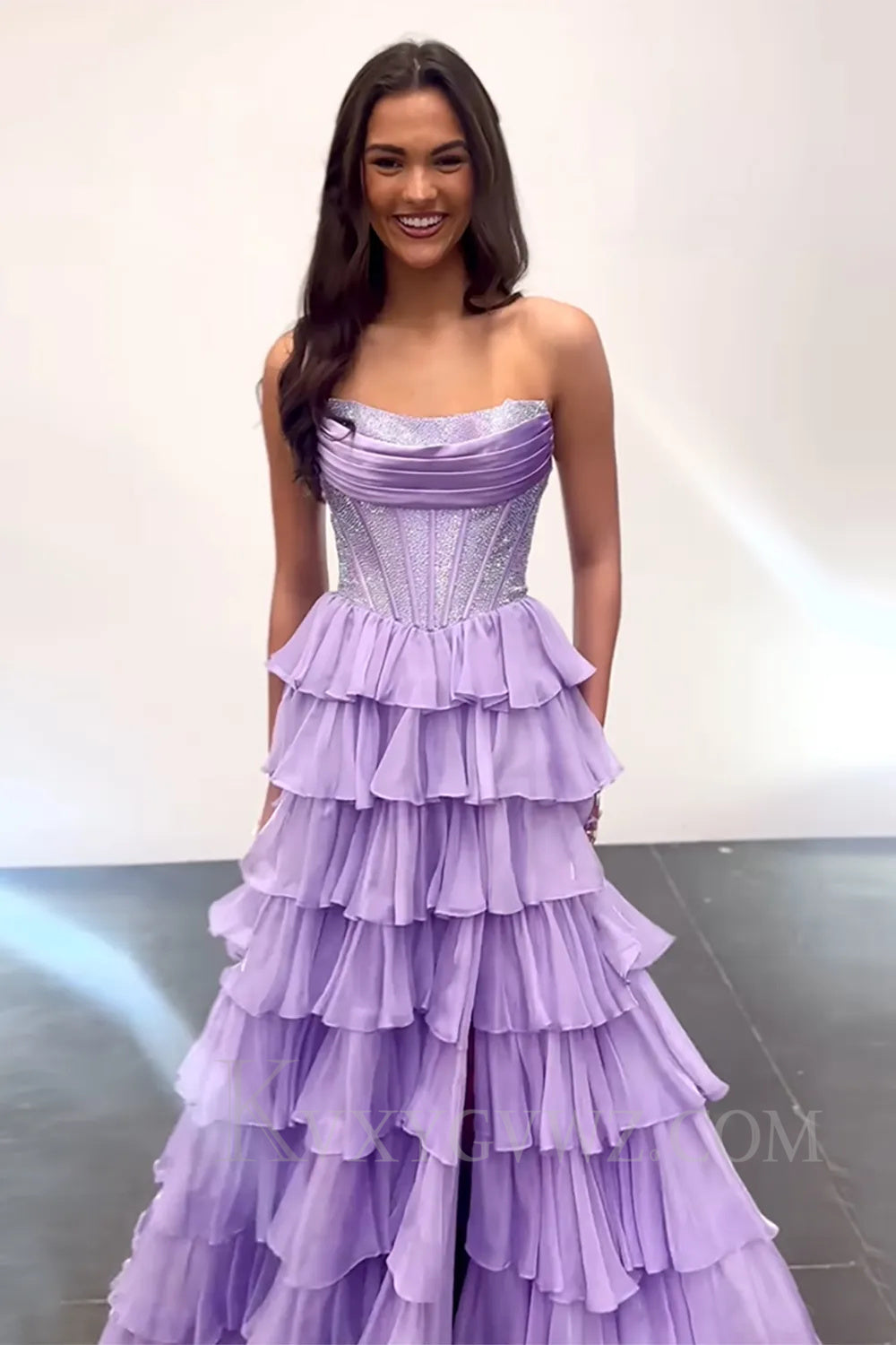 A Line Purple Strapless Ruffled Long Prom Dress with Slit LF027