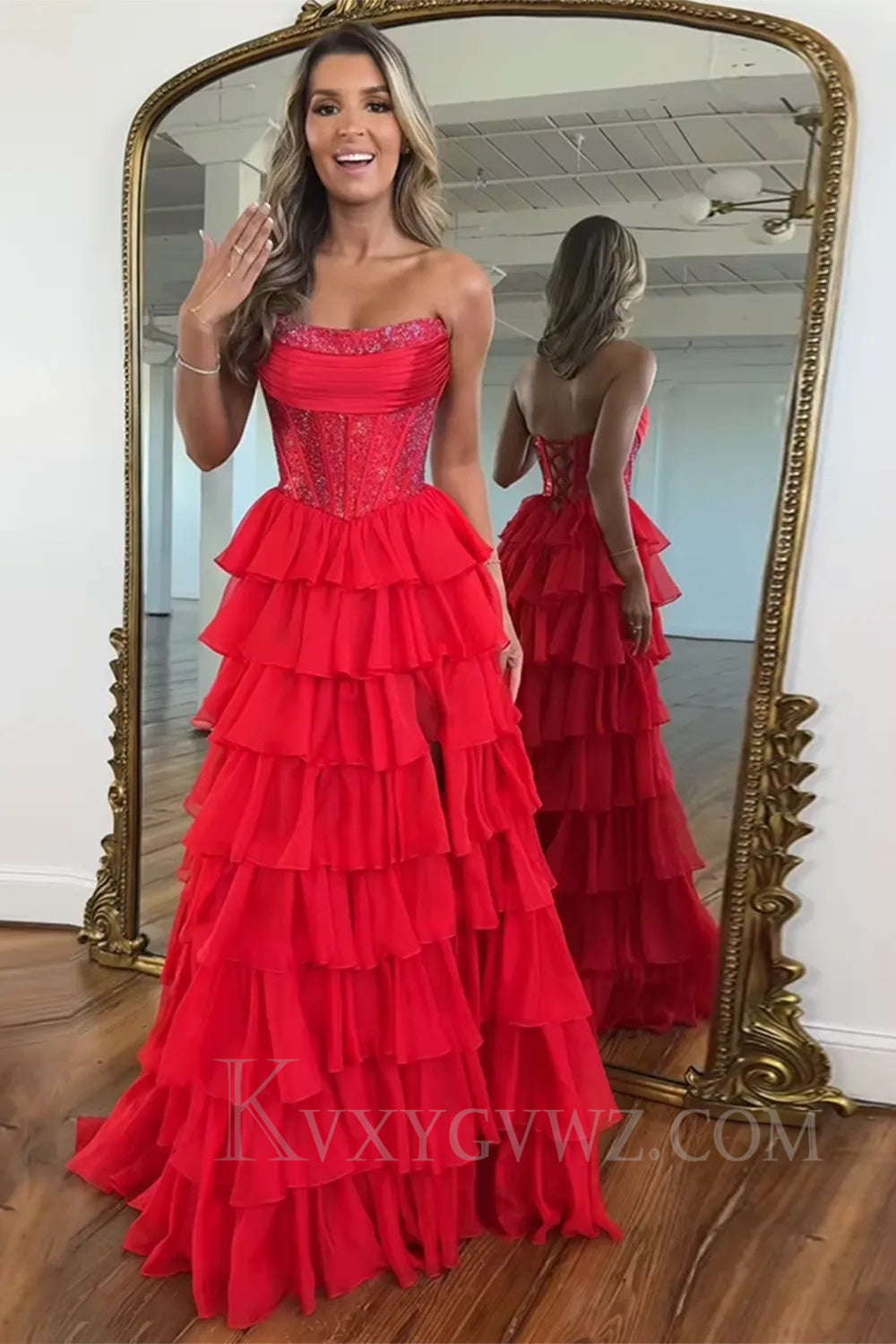 A Line Purple Strapless Ruffled Long Prom Dress with Slit LF027