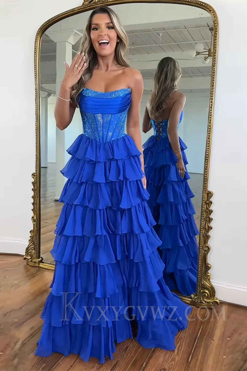 A Line Purple Strapless Ruffled Long Prom Dress with Slit LF027