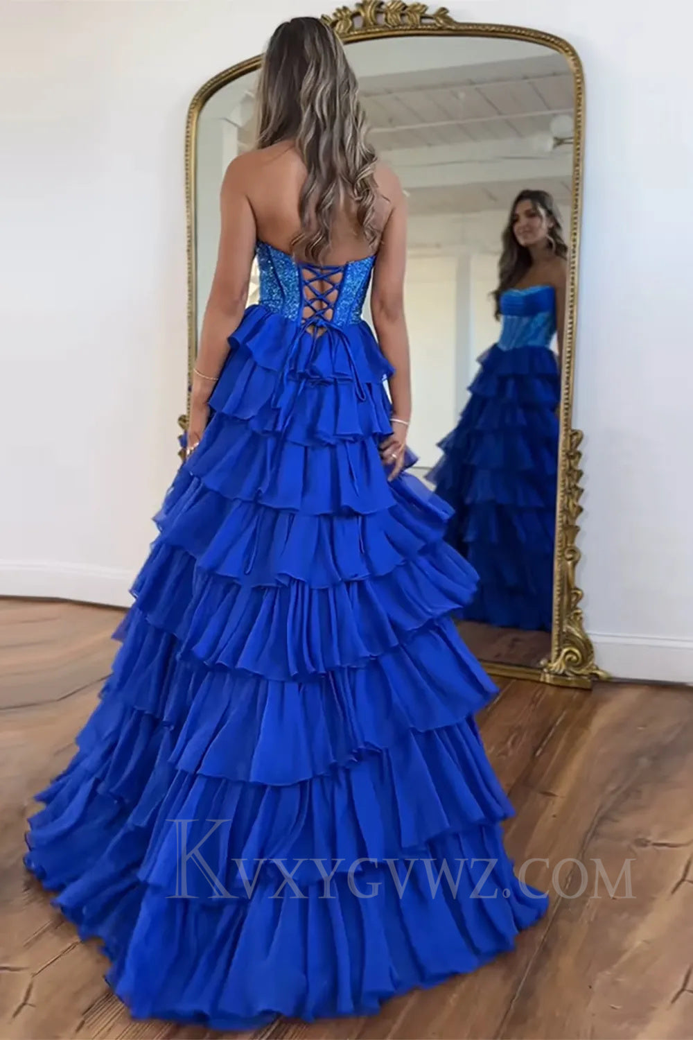 A Line Purple Strapless Ruffled Long Prom Dress with Slit LF027