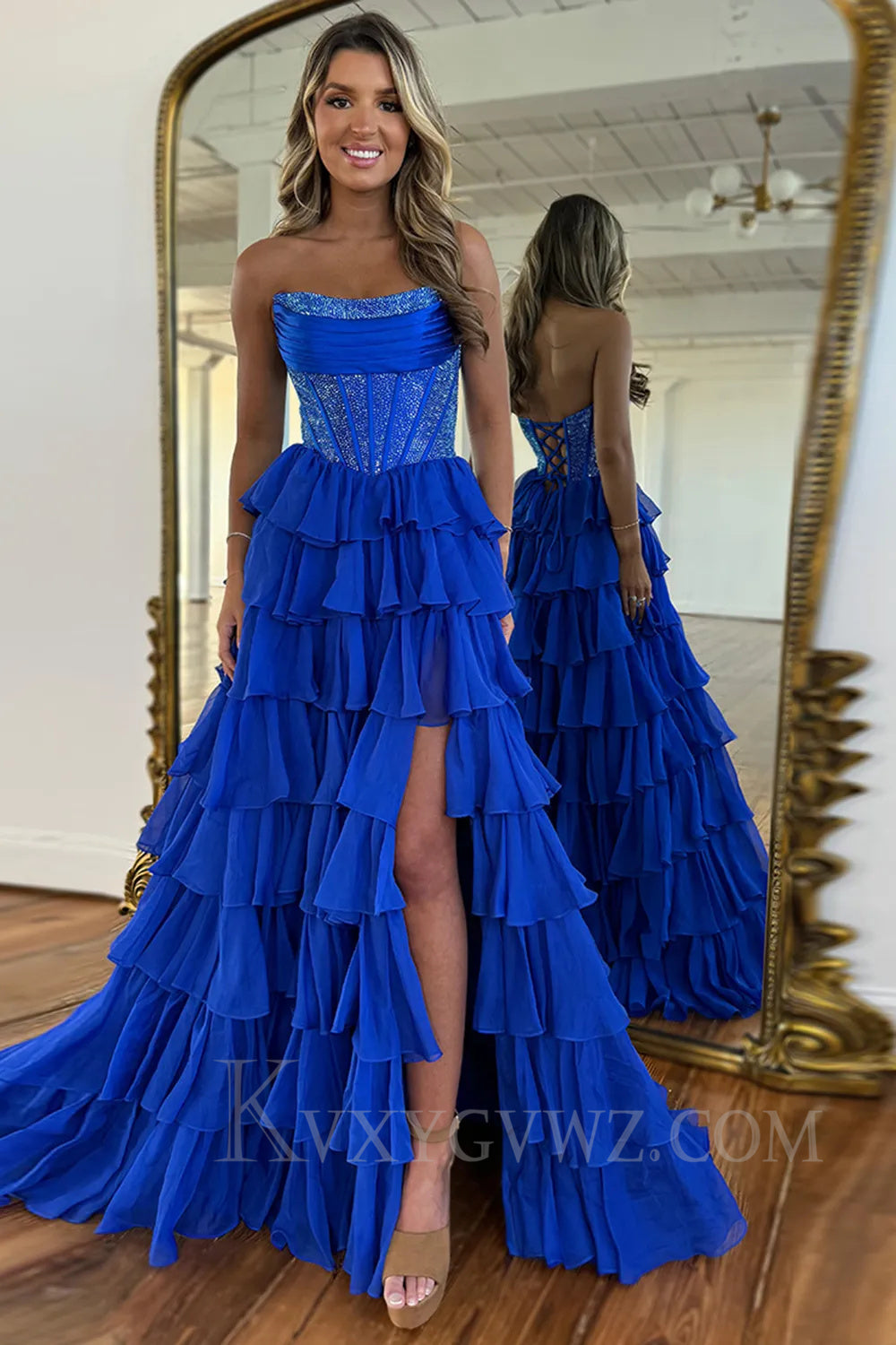 A Line Purple Strapless Ruffled Long Prom Dress with Slit LF027