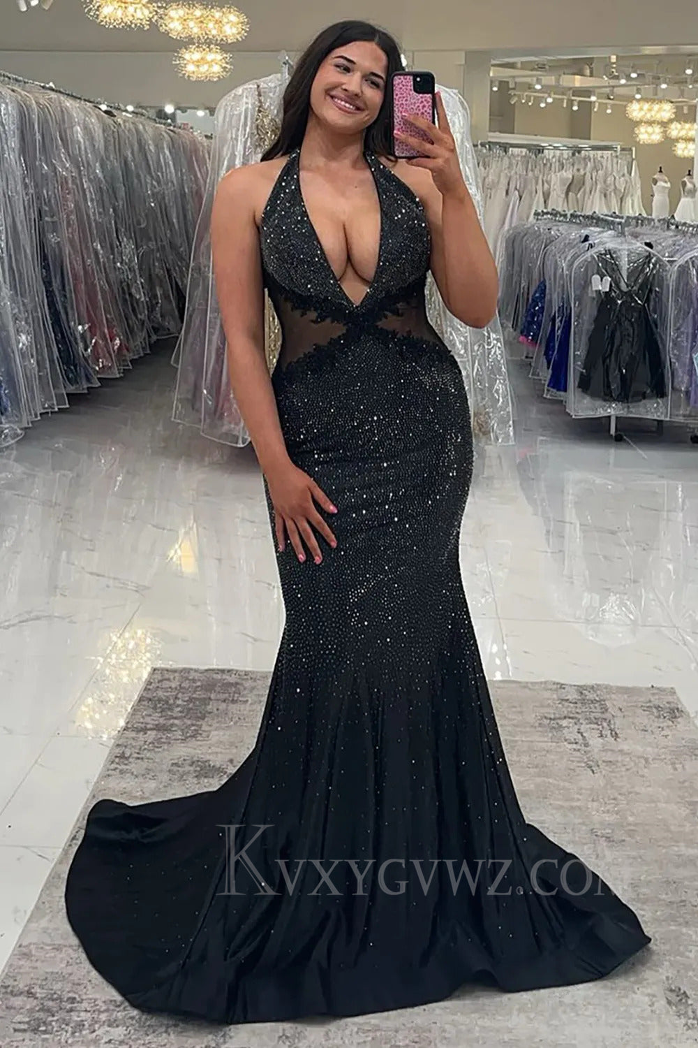 Sparkly Deep V-Neck Black Mermaid Prom Dress LF270
