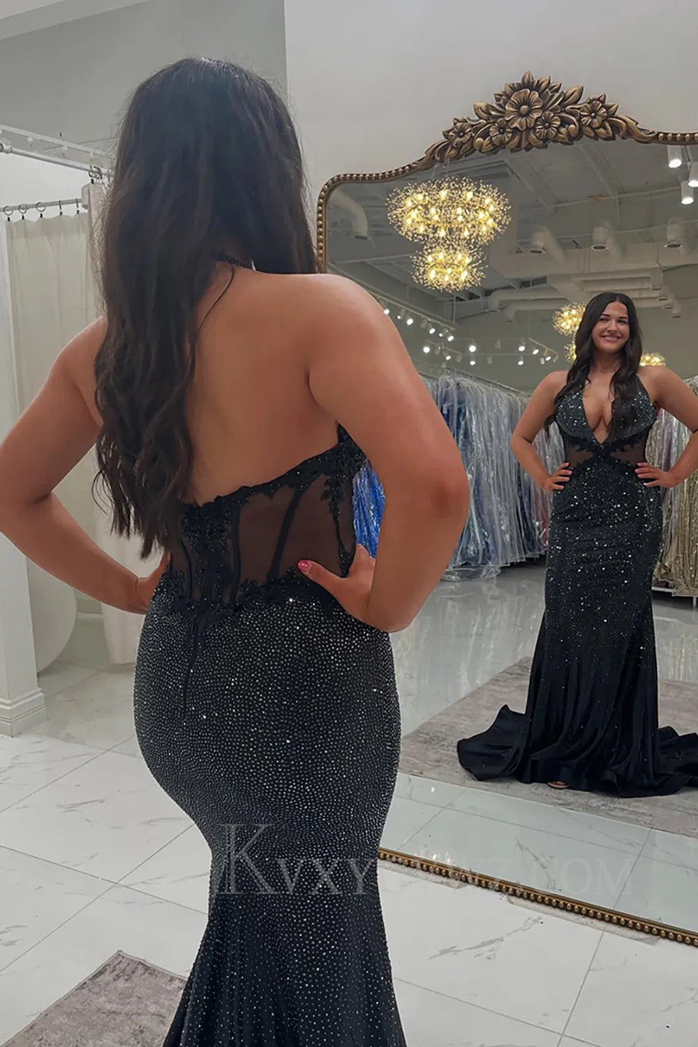 Sparkly Deep V-Neck Black Mermaid Prom Dress LF270