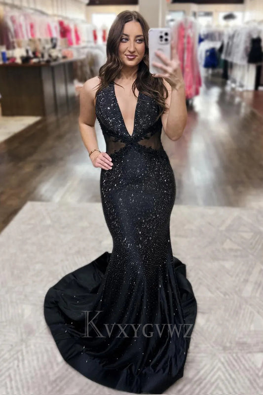 Sparkly Deep V-Neck Black Mermaid Prom Dress LF270