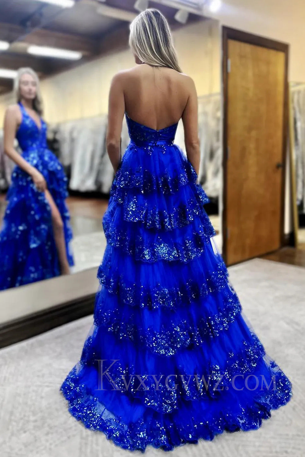 Ruffled Sparkly Royal Blue Halter Appliqued Prom Dress with Slit LF271