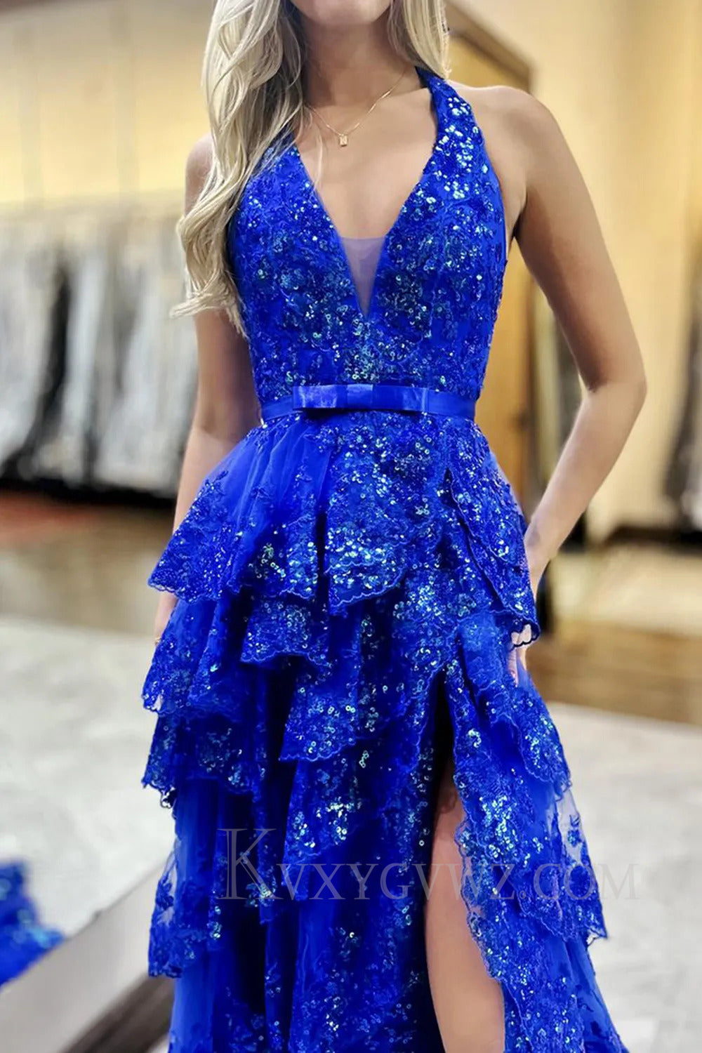 Ruffled Sparkly Royal Blue Halter Appliqued Prom Dress with Slit LF271
