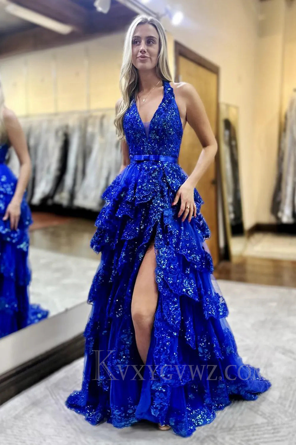 Ruffled Sparkly Royal Blue Halter Appliqued Prom Dress with Slit LF271