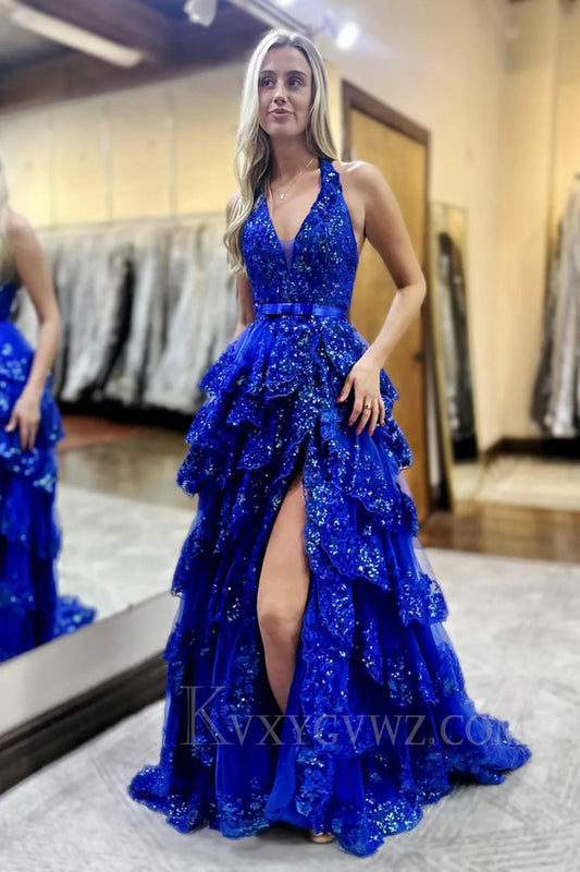 Ruffled Sparkly Royal Blue Halter Appliqued Prom Dress with Slit LF271