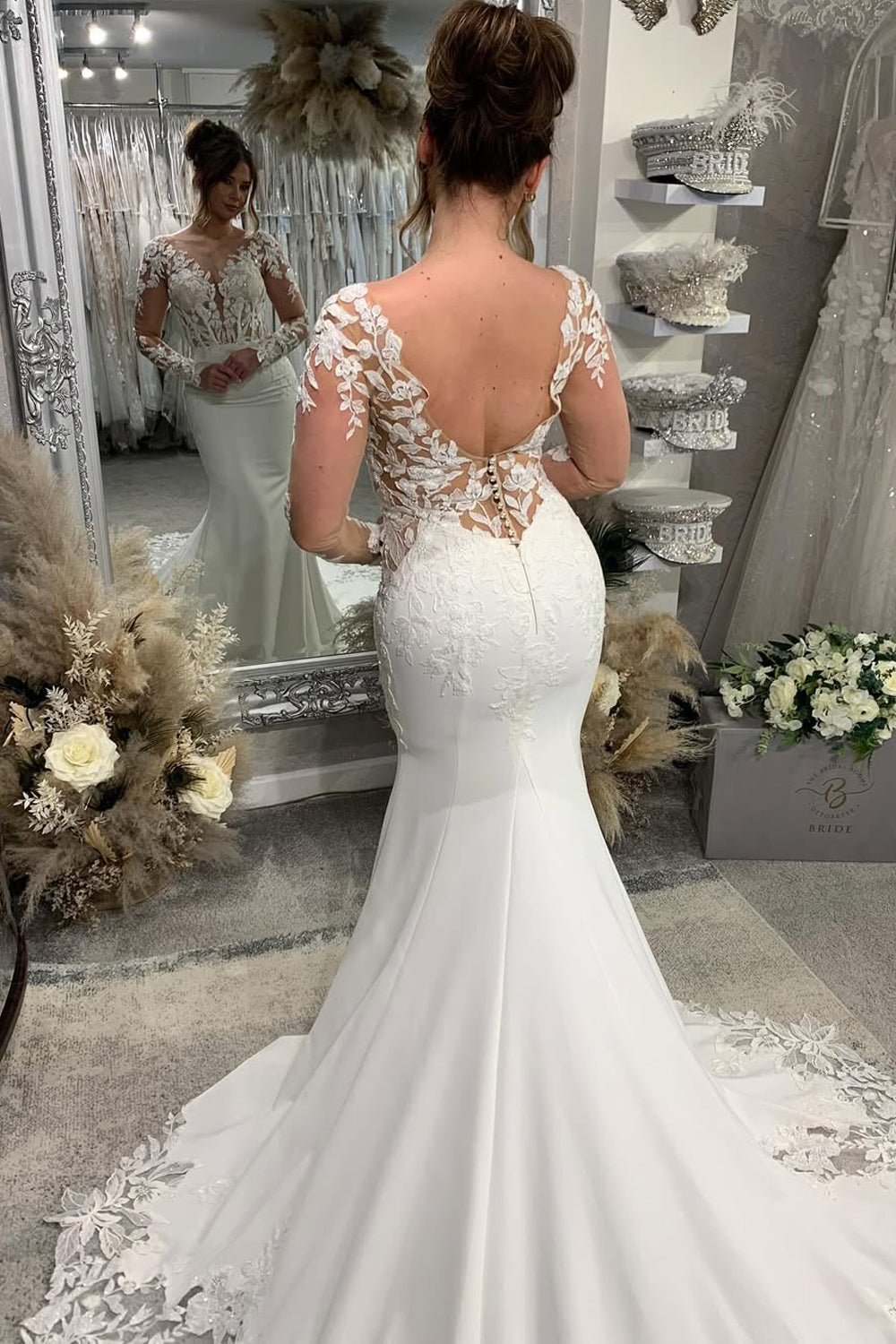 Dazzling Mermaid V Neck Elastic Satin Wedding Dresses Gown with Appliques HS834