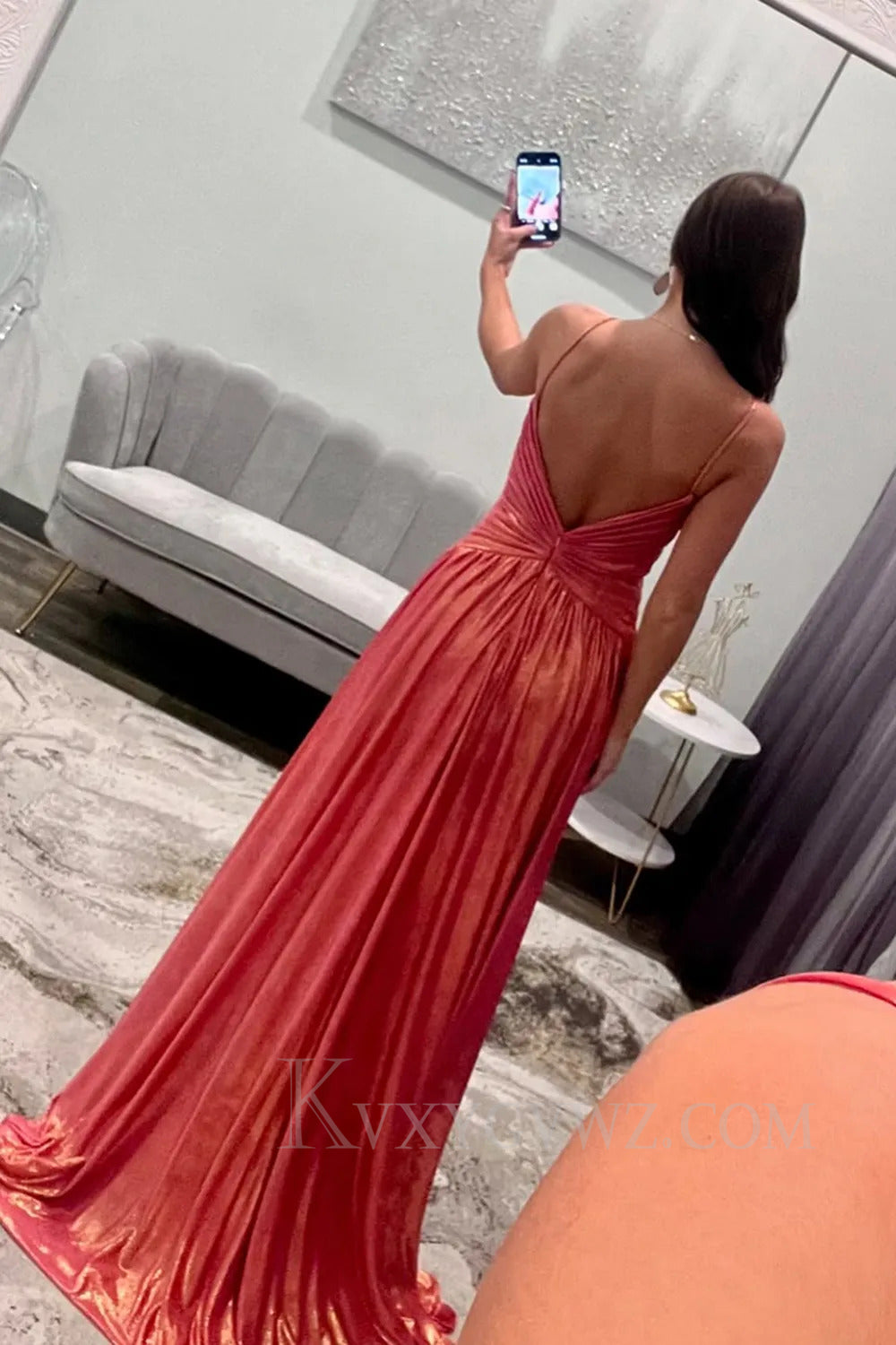 Sparkly Metallic Orange A Line Spaghetti Straps Prom Dress 273