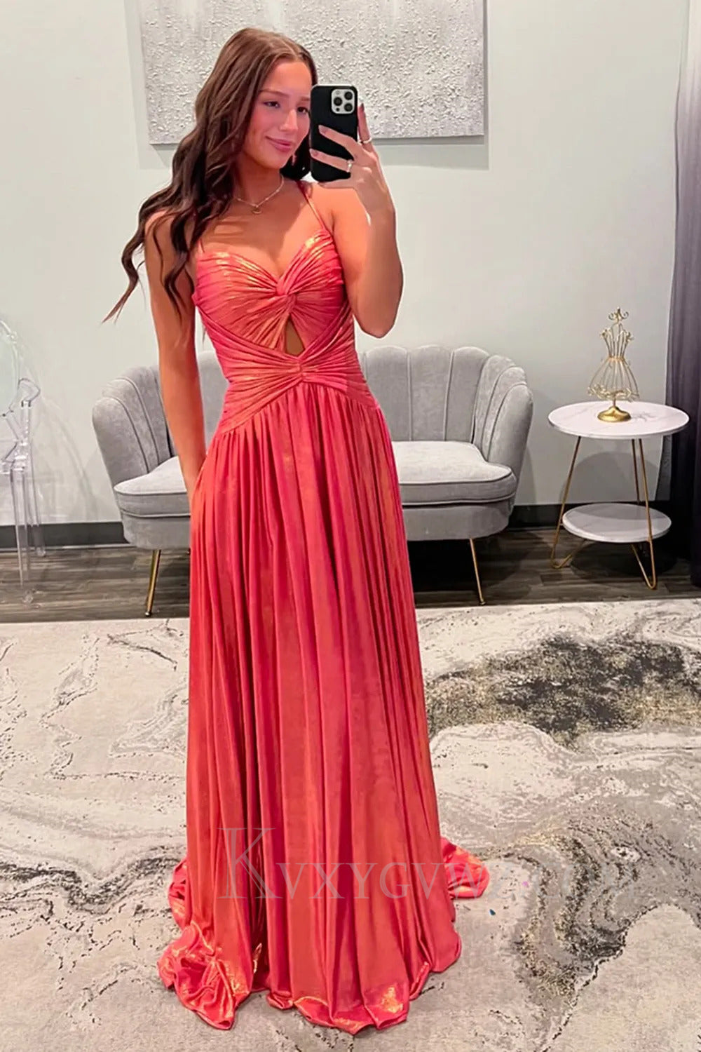 Sparkly Metallic Orange A Line Spaghetti Straps Prom Dress 273