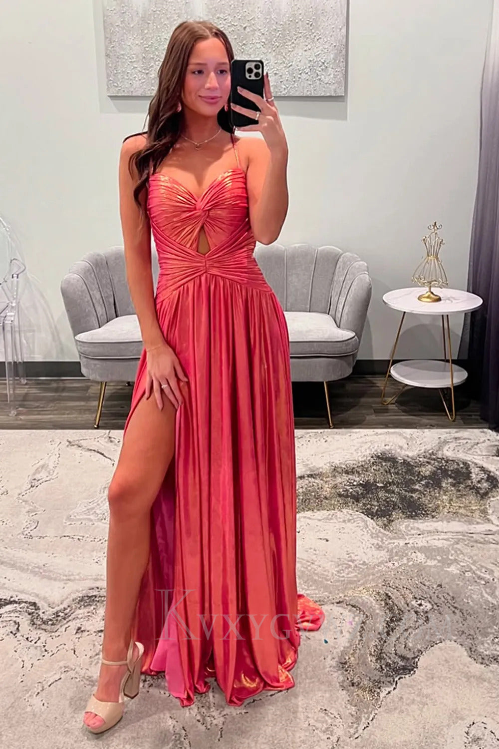 Sparkly Metallic Orange A Line Spaghetti Straps Prom Dress 273
