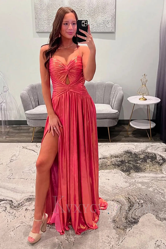 Sparkly Metallic Orange A Line Spaghetti Straps Prom Dress 273
