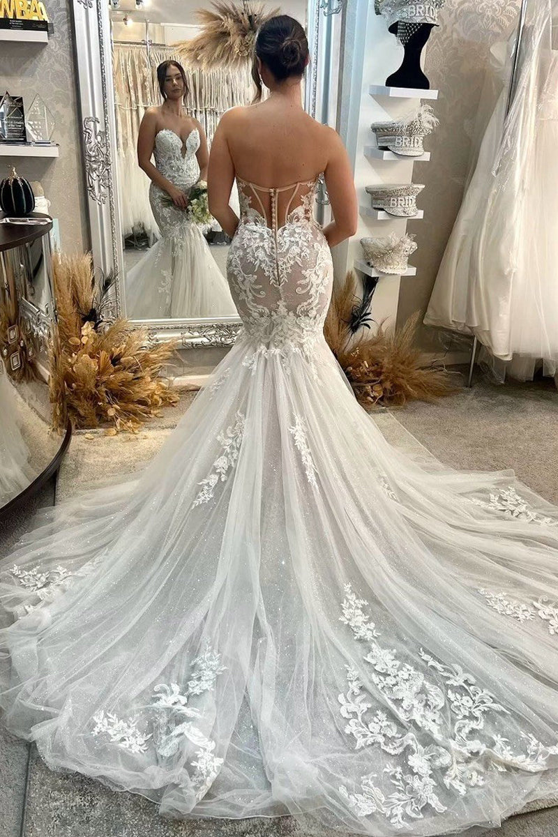 Glamorous Mermaid Sweetheart Tulle Wedding Dresses Gown with Appliques HS908