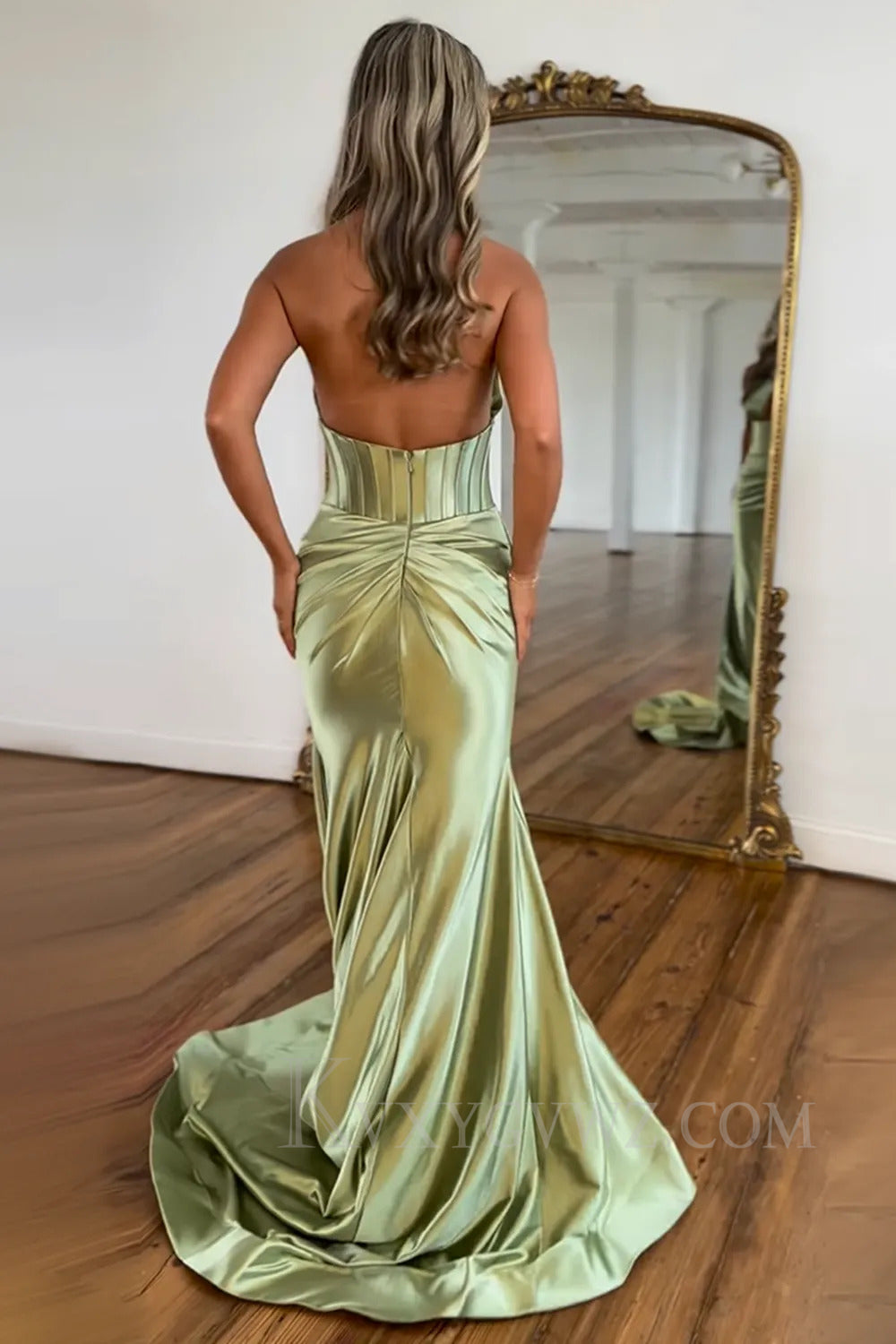 Sage Satin Cross Halter Mermaid Prom Dress LF276