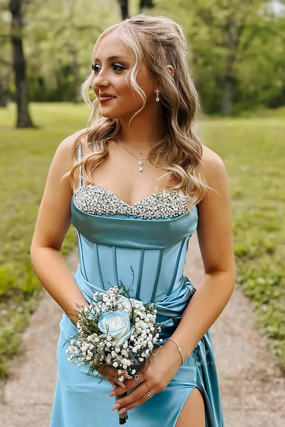 Blue Sparkly Rhinestones Wrap Ruched Satin Long Mermaid Prom Dress with Slit LF279