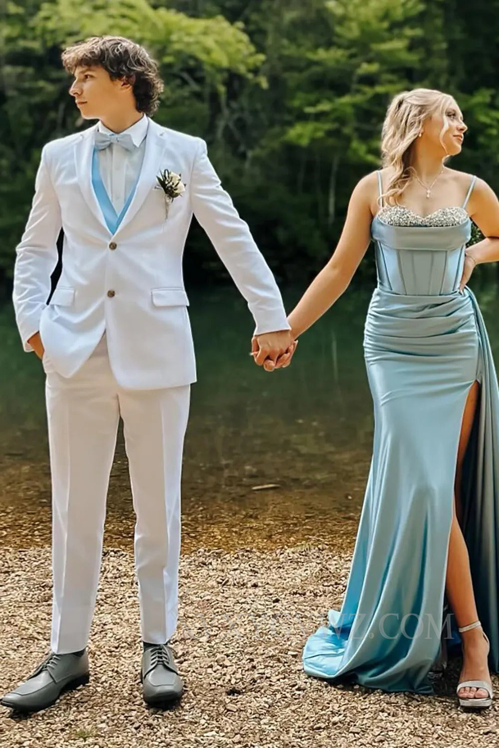 Blue Sparkly Rhinestones Wrap Ruched Satin Long Mermaid Prom Dress with Slit LF279