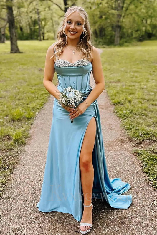 Blue Sparkly Rhinestones Wrap Ruched Satin Long Mermaid Prom Dress with Slit LF279