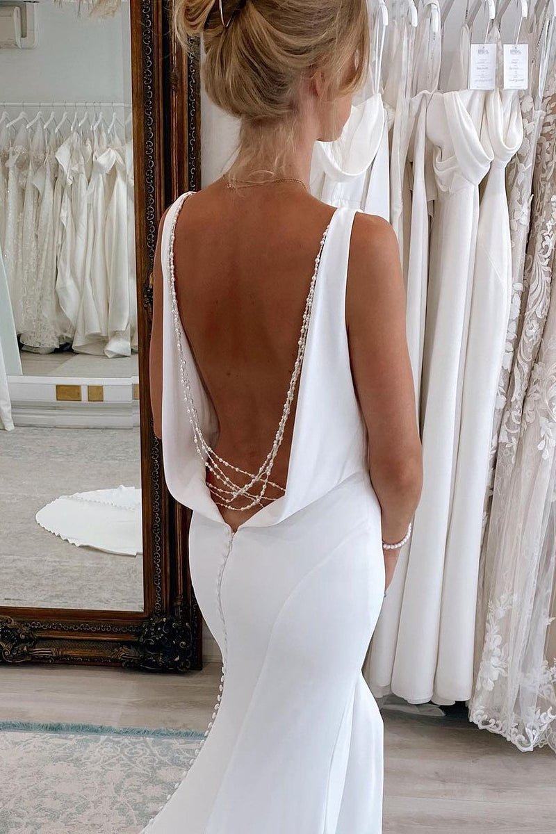 Glamorous Mermaid V Neck Backless White Soft Satin Wedding Dresses Gown HS679