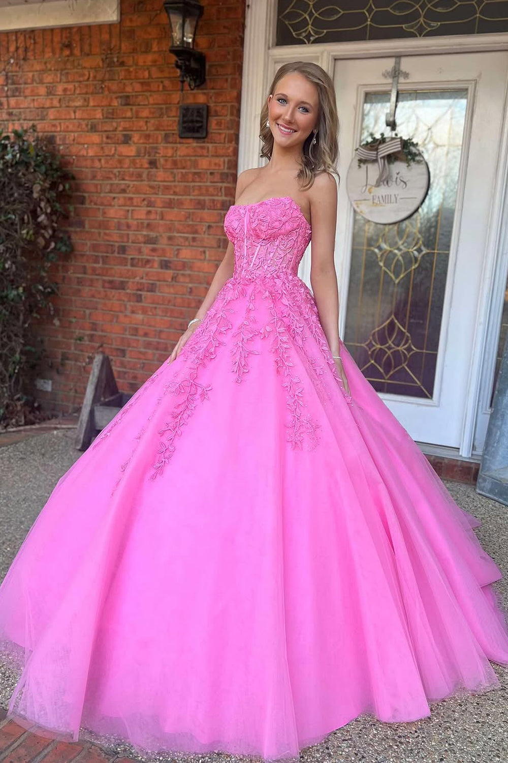 A-Line Strapless Pink Tulle Long Prom Dress Gown with Appliques LF1393