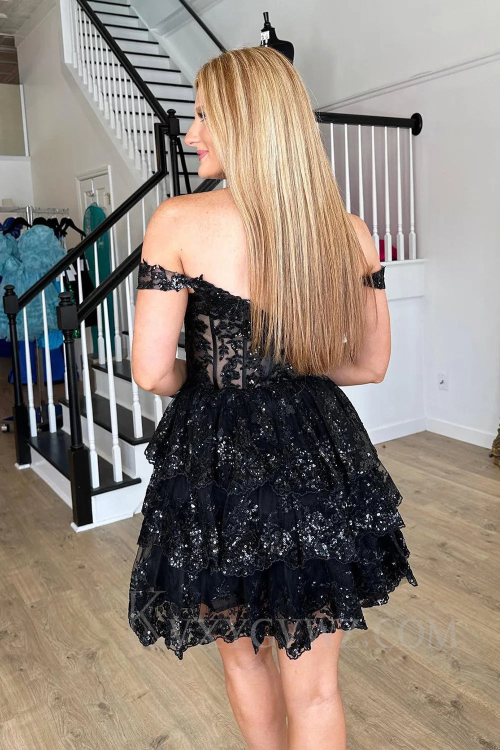 Sparkly Black Corset Tiered Lace Off Shoulder A-Line Short Homecoming Prom Dress LF028