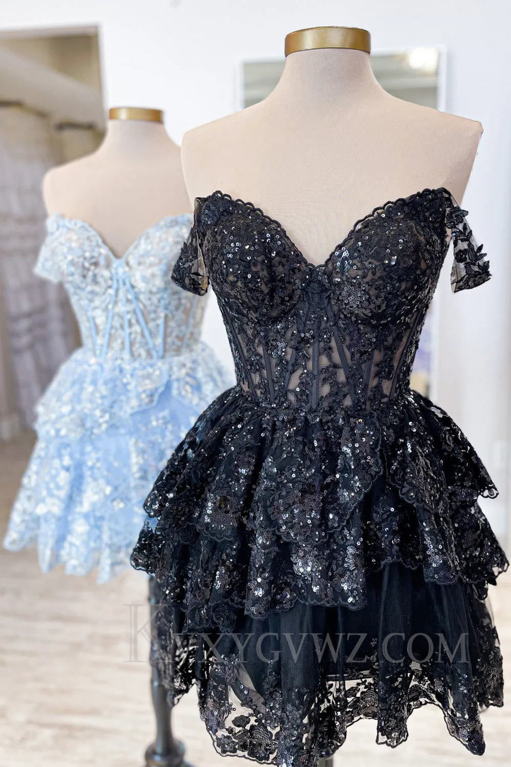 Sparkly Black Corset Tiered Lace Off Shoulder A-Line Short Homecoming Prom Dress LF028
