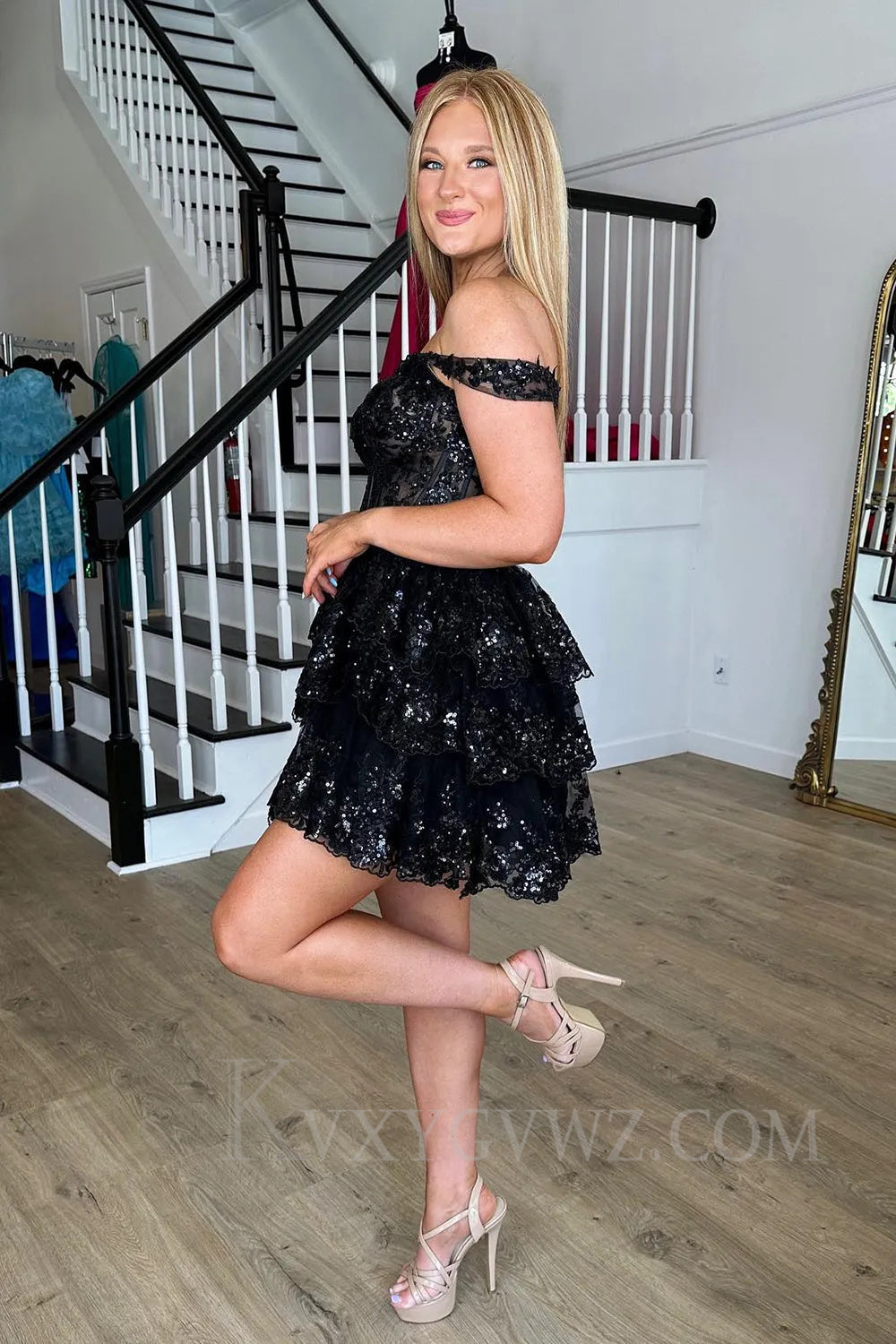 Sparkly Black Corset Tiered Lace Off Shoulder A-Line Short Homecoming Prom Dress LF028