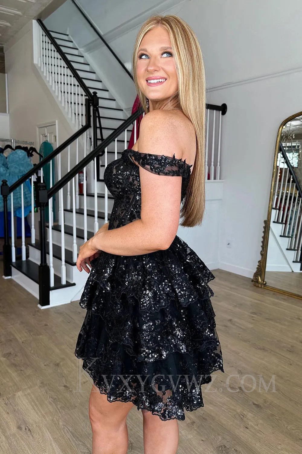 Sparkly Black Corset Tiered Lace Off Shoulder A-Line Short Homecoming Prom Dress LF028