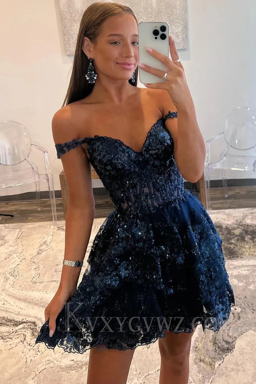 Sparkly Black Corset Tiered Lace Off Shoulder A-Line Short Homecoming Prom Dress LF028