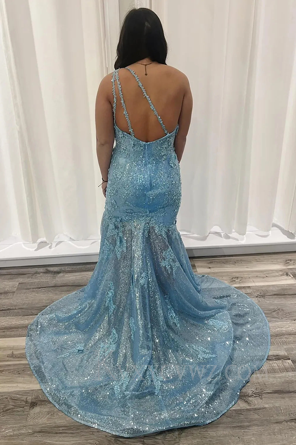 Blue One Shoulder Sparkly Sequins Lace Mermaid Long Prom Dress with Slit LF280