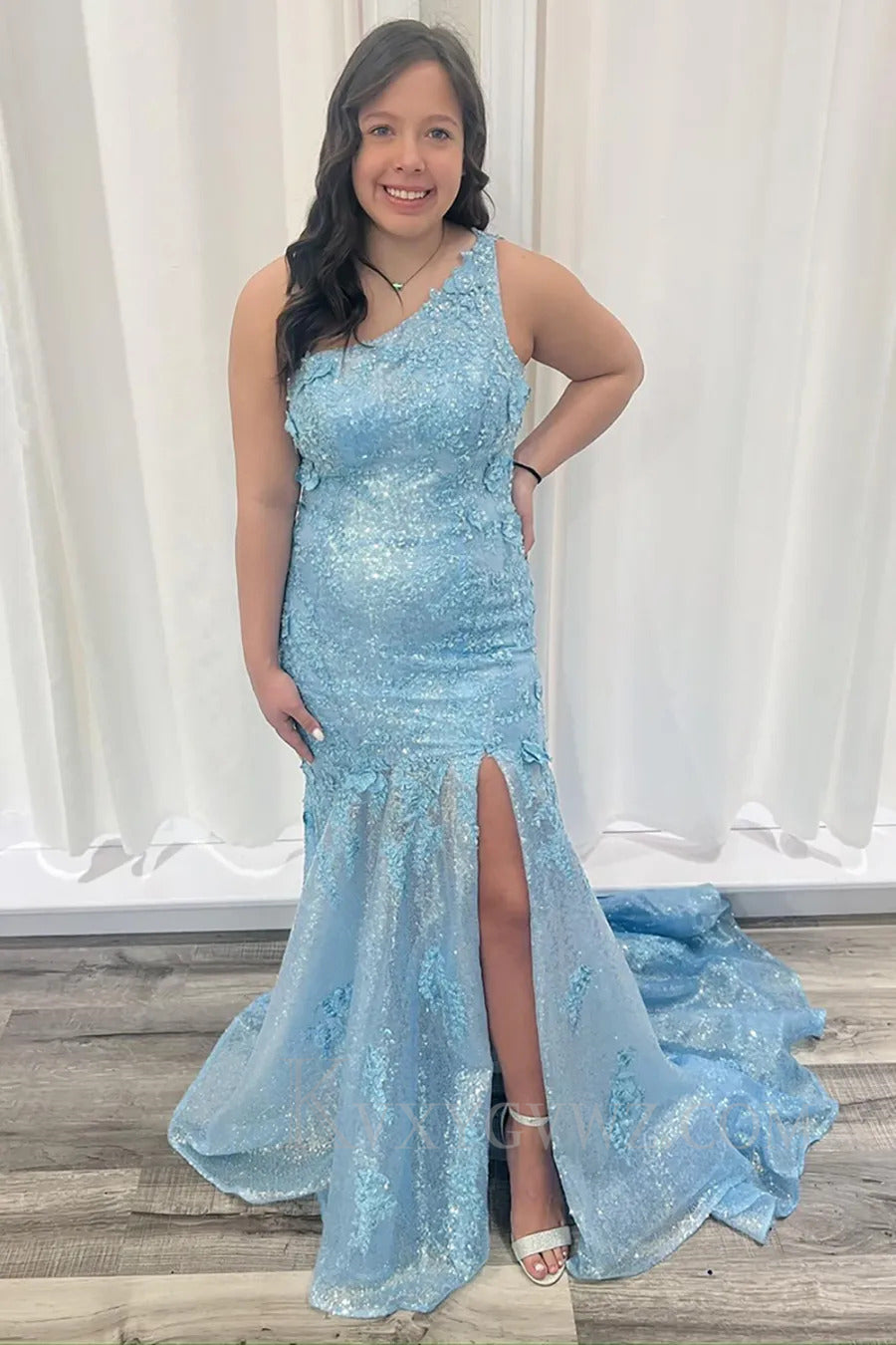 Blue One Shoulder Sparkly Sequins Lace Mermaid Long Prom Dress with Slit LF280