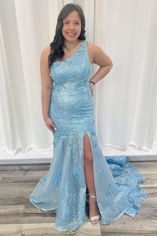 Blue One Shoulder Sparkly Sequins Lace Mermaid Long Prom Dress with Slit LF280