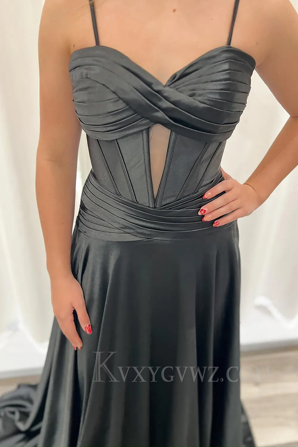 Black Ruched Corset Pleated A Line Satin Long Prom Dress LF282