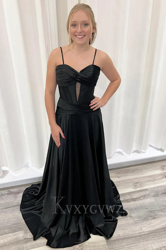 Black Ruched Corset Pleated A Line Satin Long Prom Dress LF282