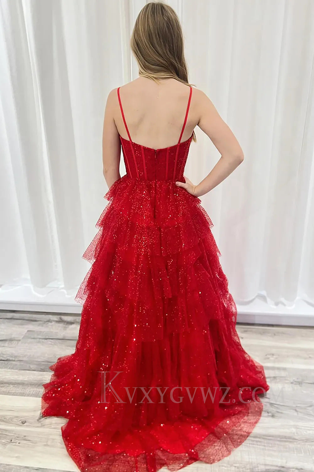 Sparkly Red Tiered Spaghetti Straps A Line Long Prom Dress with Ruffles LF283